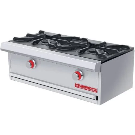 Parrilla a gas, con 2 quemadores, 2 parrillas en hierro fundido y 2 cubiertas semi-sellada