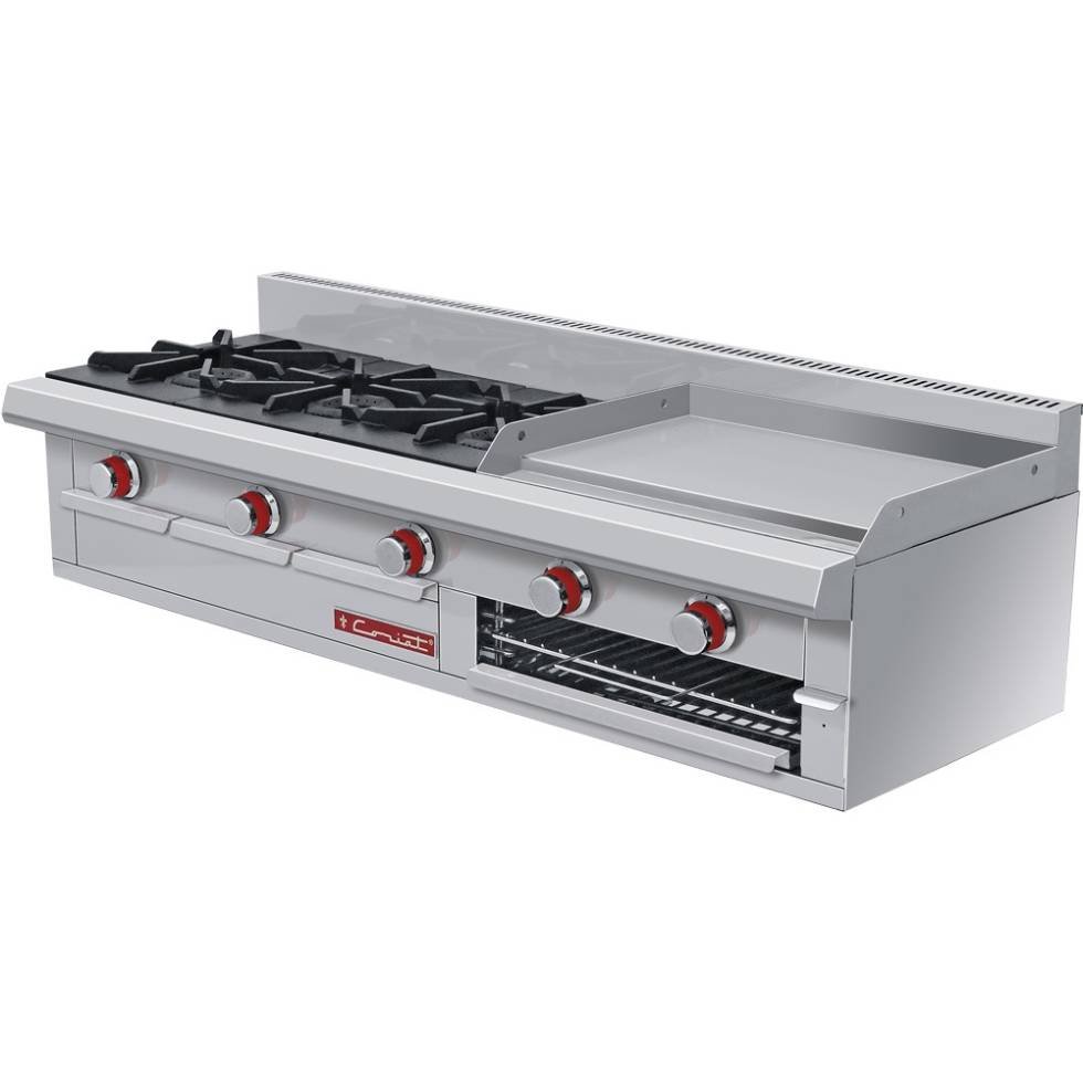 Estufa a gas, con 3 quemadores, 1 plancha y 1 gratinador