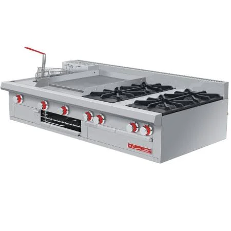 Estufa a gas, con 4 quemadores, 1 plancha, 1 gratinador y 1 freidora 3 lt