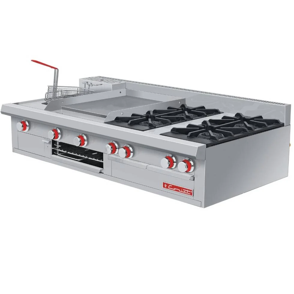 Estufa a gas, con 4 quemadores, 1 plancha, 1 gratinador y 1 freidora 3 lt