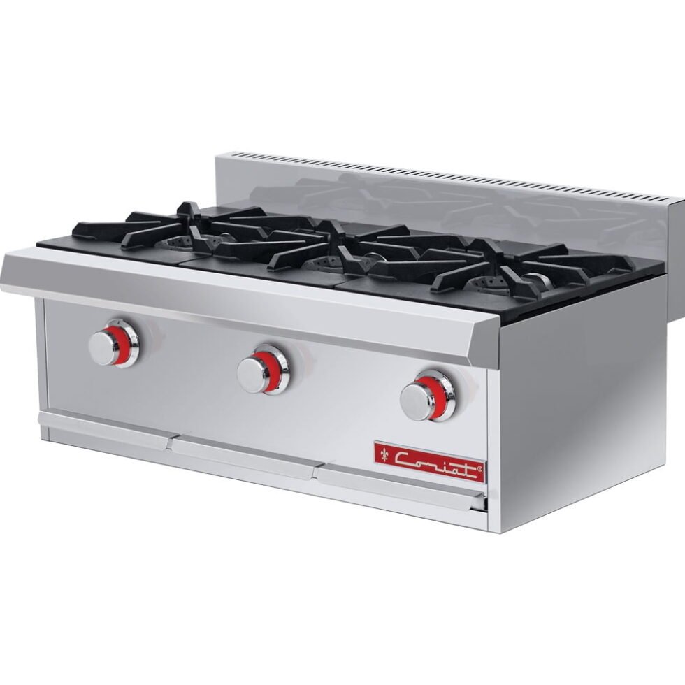 Parrilla a gas, con 3 quemadores, 3 parrillas en hierro gris y 3 cubiertas semi-selladas