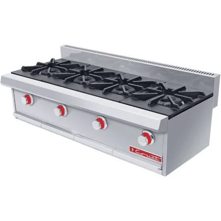 Parrilla a gas, con 4 quemadores, 4 parrillas en hierro gris y 4 cubiertas semi-selladas